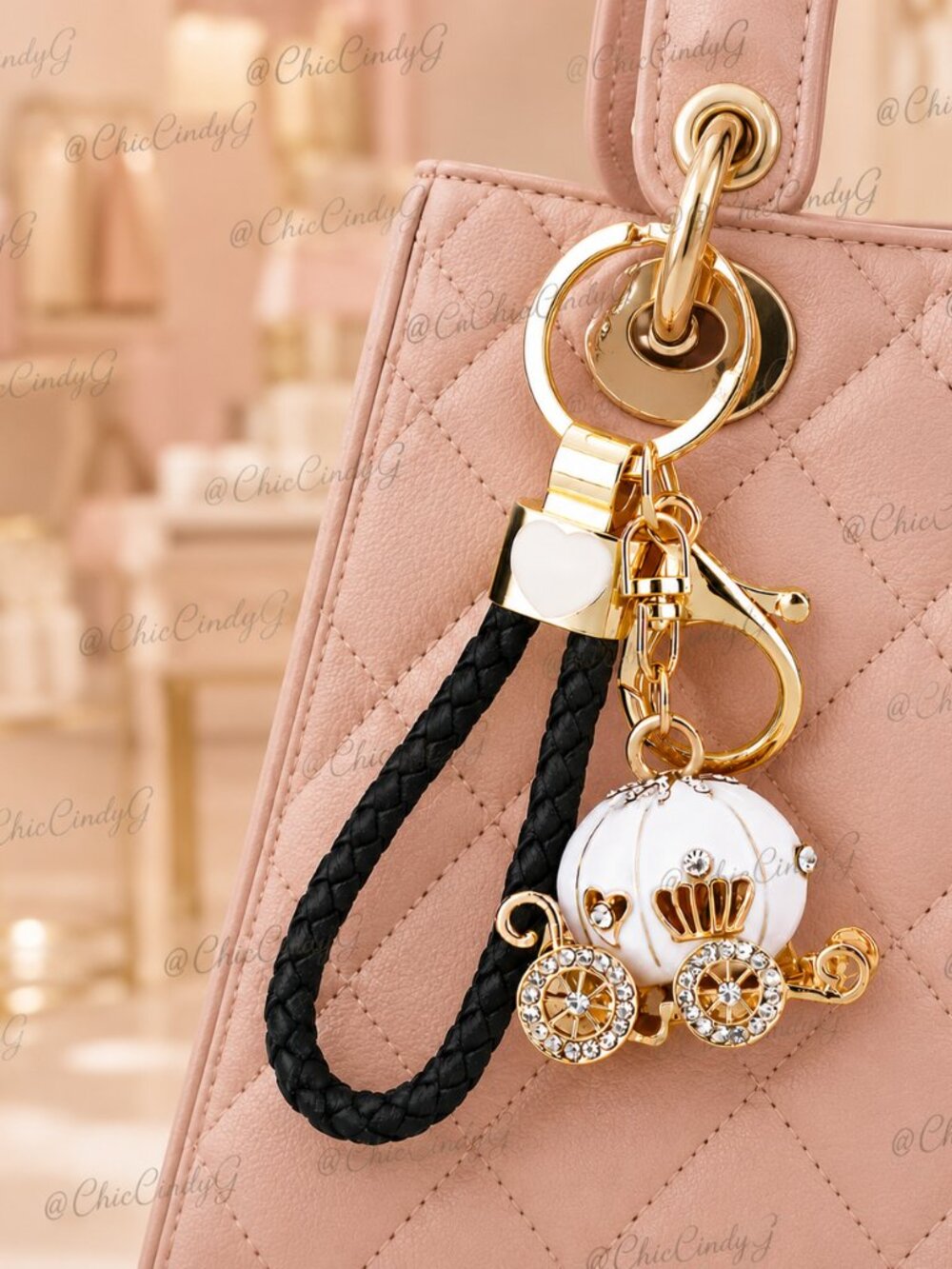 Gold Princess Carriage Bag Charm Keychain Rhinestone Purse Charm Accessory - Picture 2 of 5